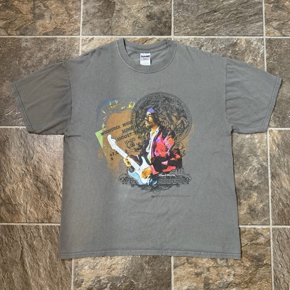 2007 Jimi Hendrix Woodstock Graphic Gray Short Sleeve T-Shirt Large